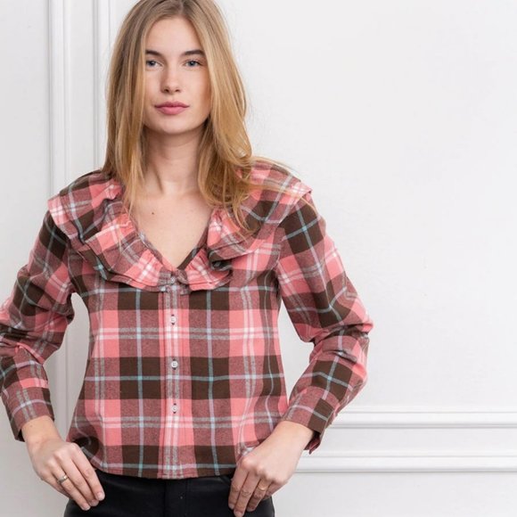 The Shirt by Rochelle Behrens Pink and Brown Plaid Top - Picture 1 of 6